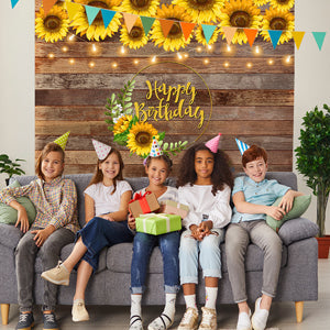 Toile de fond de photographie de texture de bois de décoration de tournesol joyeux anniversaire