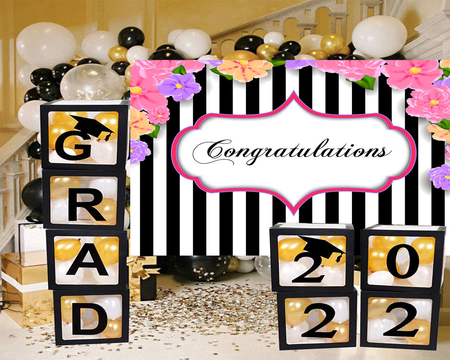 Toile de fond de célébration de remise des diplômes à rayures noires et blanches TKH1847