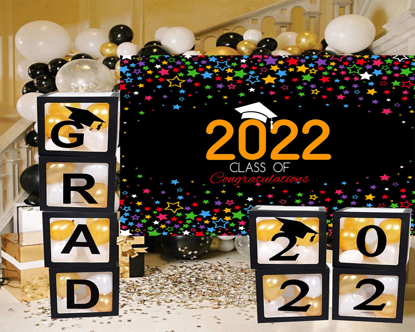 Toile de fond décorations de remise des diplômes d'étoiles colorées 2022 pour le studio photo de photographie TKH1878