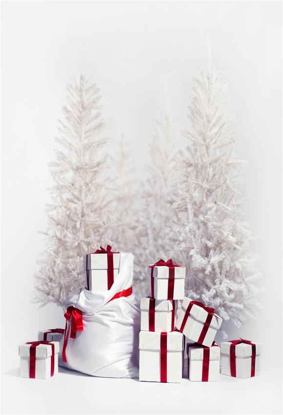 Toile de fond d'hiver de cadeau d'arbre de Noël blanc pour la photographie