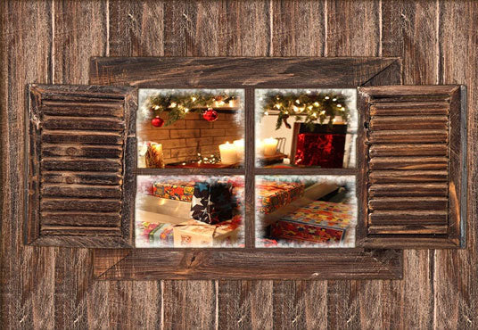 Toile de fond décors de photo de cadeau de Noël de fenêtre en bois marron