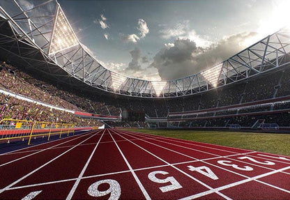 Toile de fond de photographie de terrain de football de fond de piste en plastique de stade