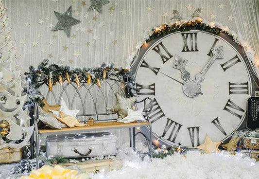 Toile de fond de photographie de Noël de l'horloge neige
