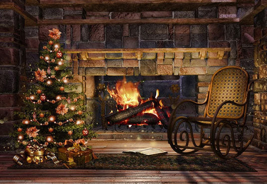Toile de fond décors de sol en bois de cheminée en brique vintage de Noël