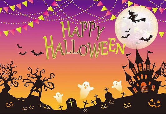 Toile de fond de château sombre et chauves-souris dans le ciel jaune chromé pour la photographie d'Halloween