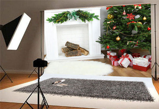 Toile de fond de Noël cheminée blanche pour la photo