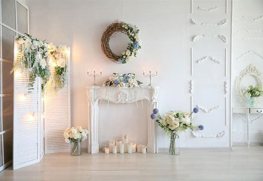 Toile de fond décors de Noël de fleurs de cheminée blanche