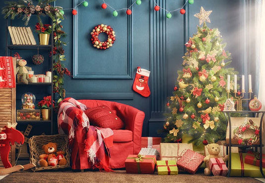 Toile de fond d'arbre de Noël bleu rouge canapé photographie décors