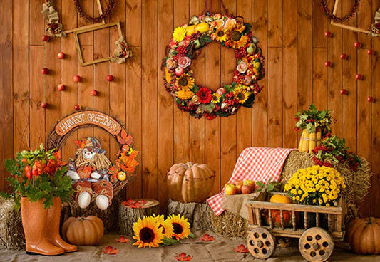 Toile de fond de photographie de mur en bois de fleur de citrouille pour l'action de grâces