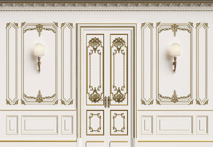 Toile de fond de porte de mur blanc de texture d'or de mariage luxueux pour le studio