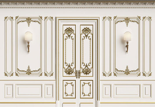 Toile de fond de porte de mur blanc de texture d'or de mariage luxueux pour le studio