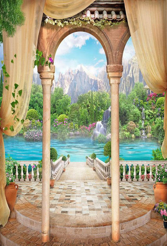 Toile de fond de beau paysage de printemps à l'extérieur du pavillon pour la photographie