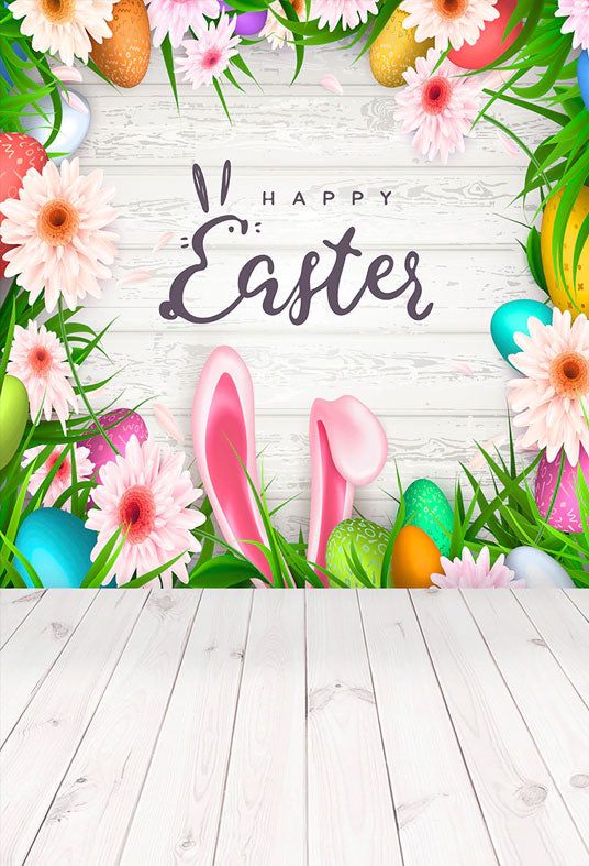Toile de fond de lapin floral joyeuses Pâques en bois blanc pour le printemps