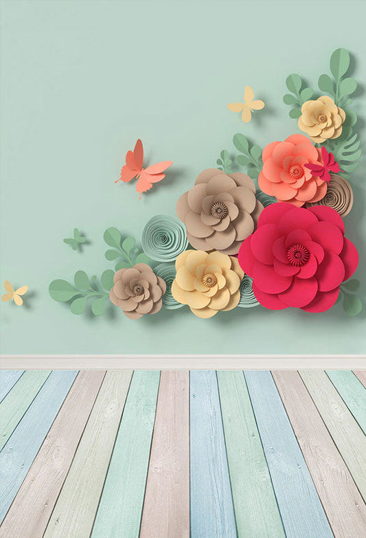 Toile de fond de sol en bois de fleurs colorées 3D de mur de menthe pour la photographie