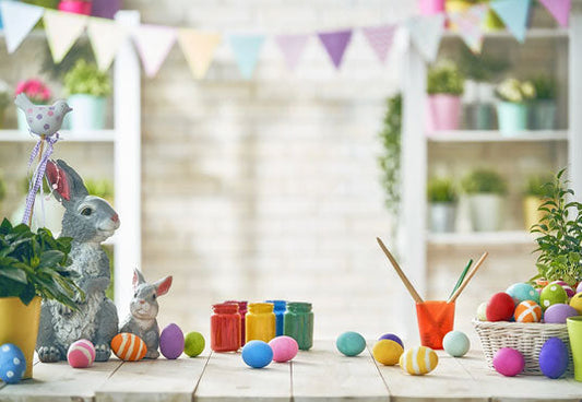 Toile de fond de printemps Pâques plancher de bois oeufs colorés photographie décors