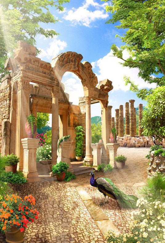 Toile de fond de paysage de saison de printemps beau château et paon pour la photographie