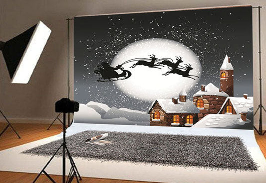 Toile de fond de grande lune Noël père neige l'hiver décors