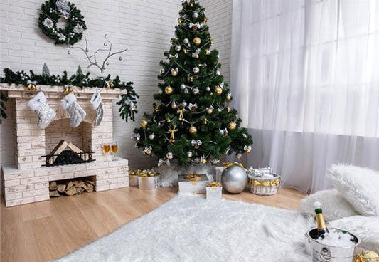 Toile de fond décors de cheminée de brique de Noël de photographie