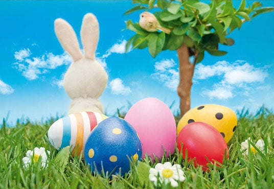 Toile de fond de lapin et d'oeufs colorés pour la photographie du festival de Pâques