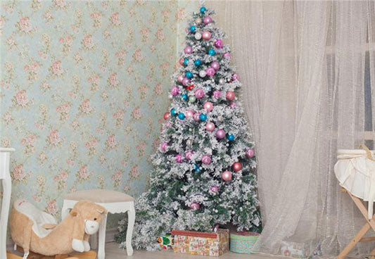 Toile de fond de rideau rose d'arbre Noël