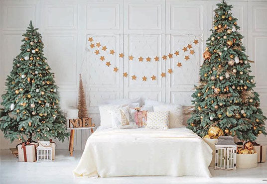 Toile de fond de photo d'étoile d'or d'arbre de Noël de chambre à coucher pour le studio