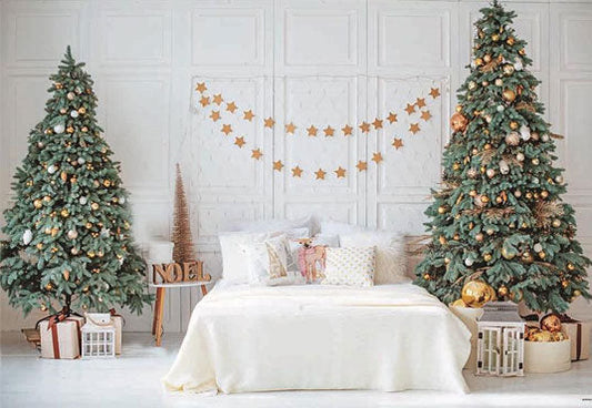 Toile de fond de photo d'étoile d'or d'arbre de Noël de chambre à coucher pour le studio