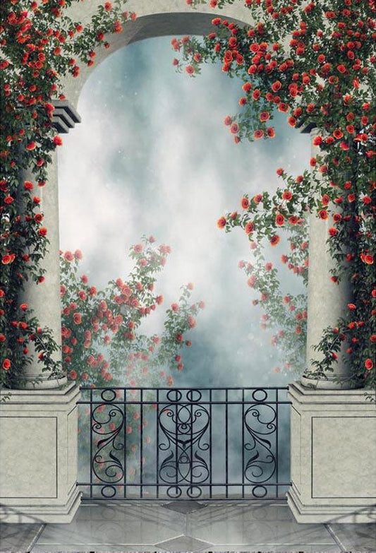Toile de fond de porte en pierre de fleurs rouges fond de photographie du pays des merveilles