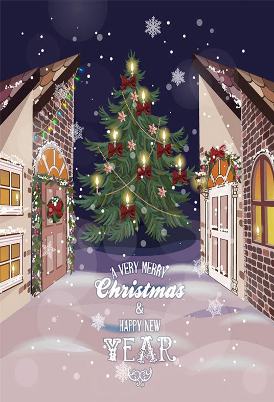 Toile de fond décors de maison de brique de dessin animé d'arbre de Noël pour le nouvel an