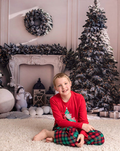 Toile de fond de photographie de plancher de bois blanc d'arbre de Noël