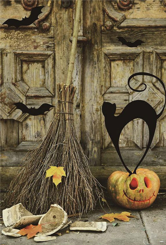 Toile de fond d'Halloween en bois de photographie de balai de chat noir