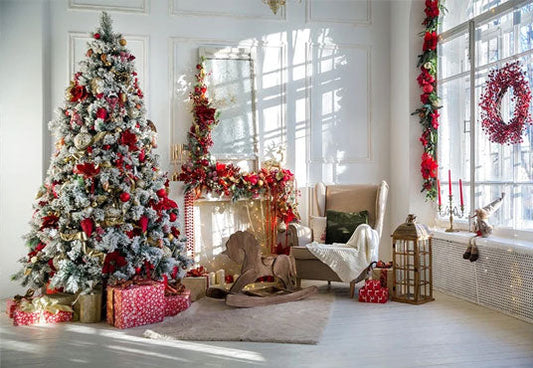 Toile de fond décors de plancher de bois blanc de Noël de fleurs rouges pour la photographie