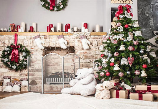 Toile de fond décors de Noël d'ours de cheminée de brique