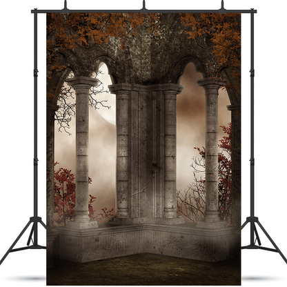 Toile de fond de de château ruines avec feuilles rouges pour la photographie SBH0254