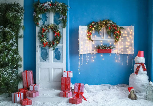 Toile de fond décors de photographie de bonhomme de neige de Noël bleu