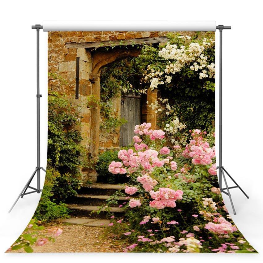 Pink Flowers Beside Old Stone Door Backdrop Spring View Photography Background