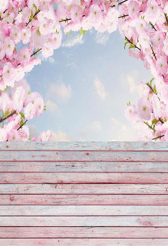 Toile de fond de photographie de plancher en bois de fond de fleur de pêcher rose
