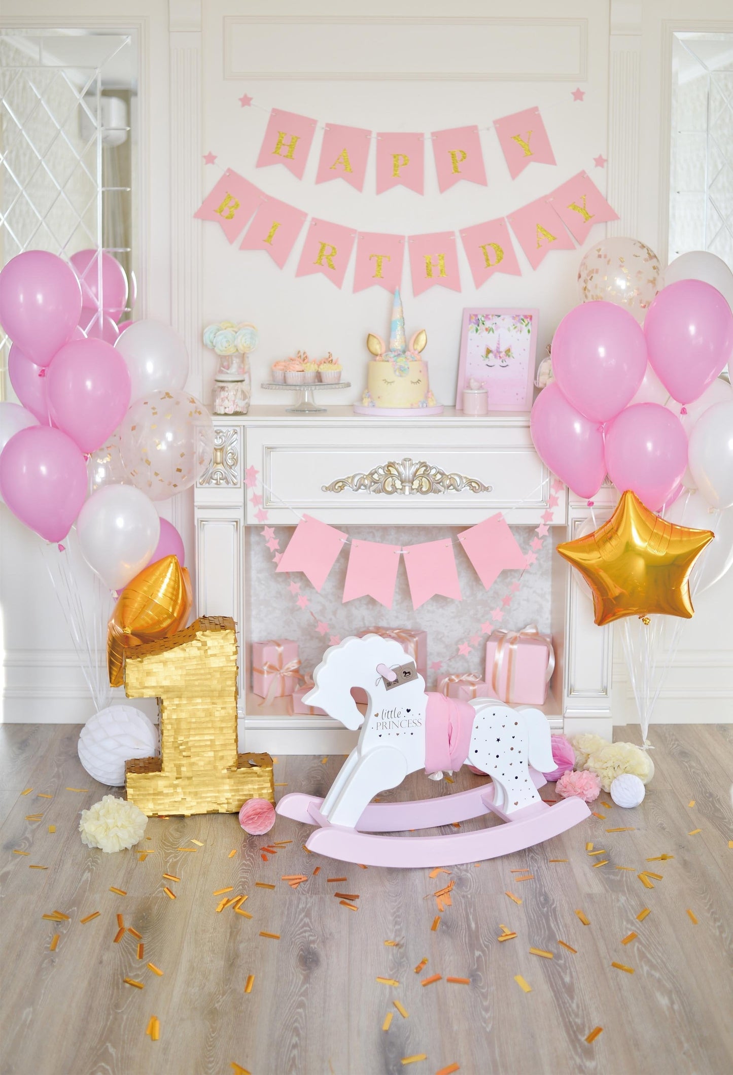 Toile de fond de 1er anniversaire mur rose avec décors de photographie de fond de décoration
