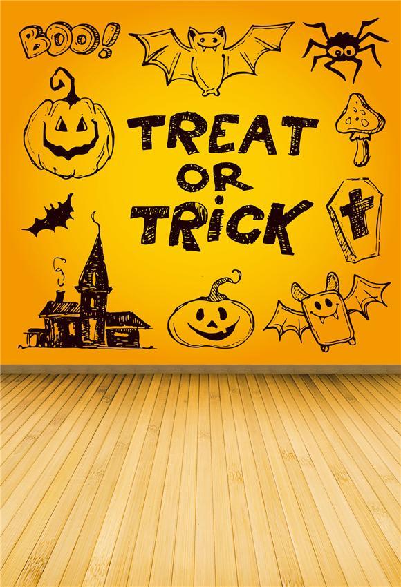 Toile de fond décors d'Halloween jaunes pour traiter ou tromper le sol en bois