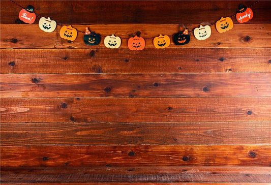 Toile de fond décors d'Halloween de citrouille de mur en bois brun