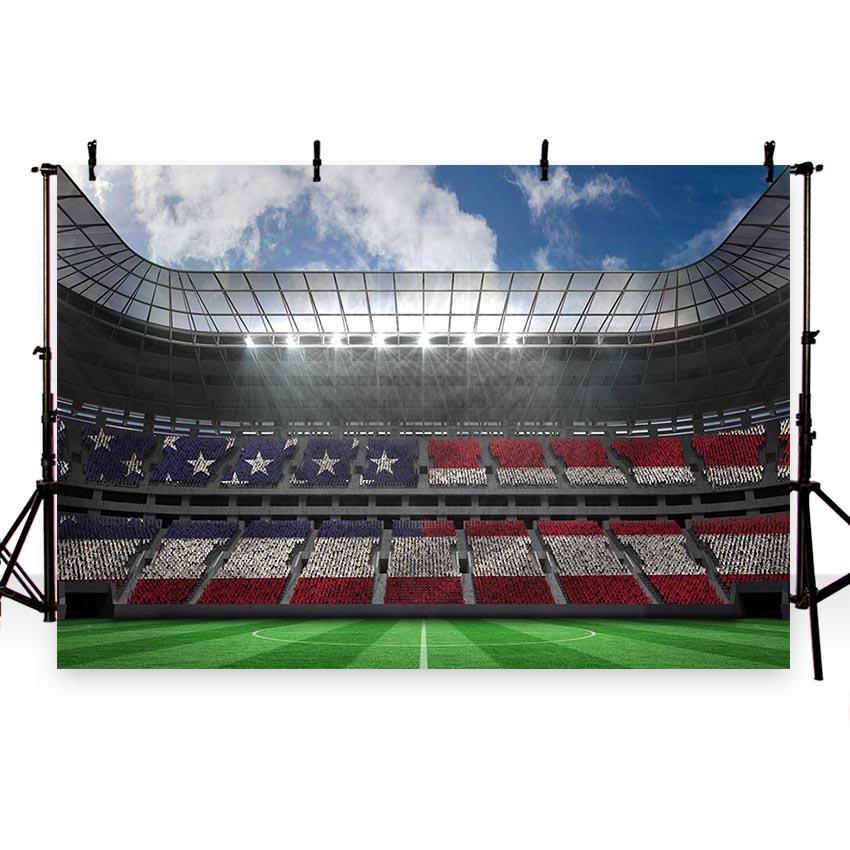 Toile de fond vert prairie Amérique drapeau foule terrain de football photographie fond