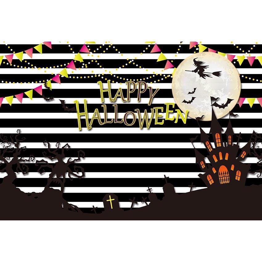 Toile de fond d'Halloween château au clair de lune lumineuse bandes noires blanches fond de photographie