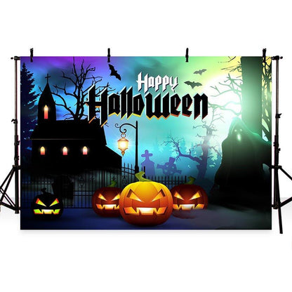 Toile de fond horrible de citrouilles de château de nuit pour la photographie de fête d'Halloween