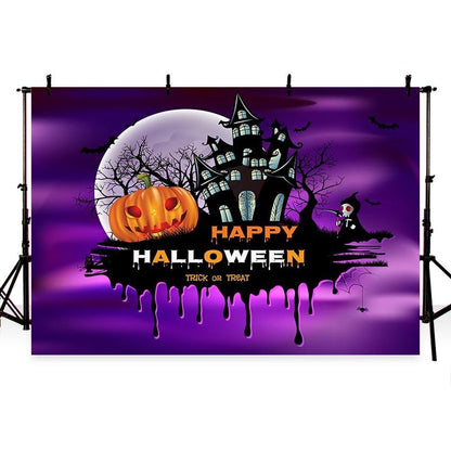 Toile de fond château de nuit de ciel violet citrouille pour la photographie de fête d'Halloween