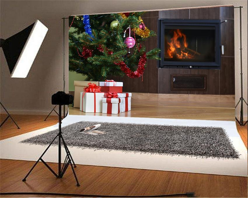 Toile de fond décors de Noël de plancher de bois de cheminée