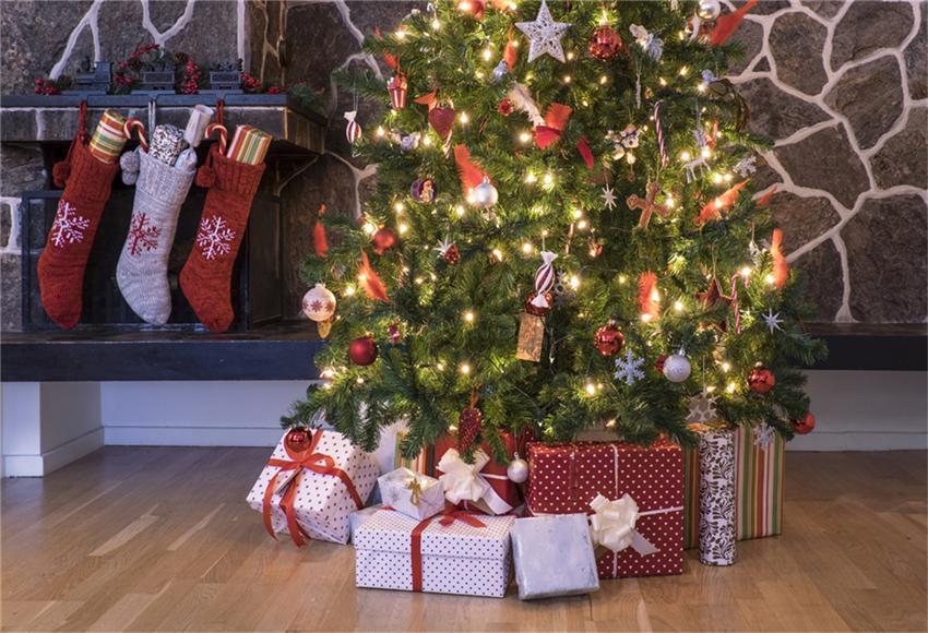Toile de fond décors de plancher en bois d'arbre de Noël lumineux