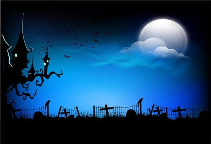 Toile de fond bleu Halloween de château noir et lune brillante photographie