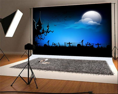 Toile de fond bleu Halloween de château noir et lune brillante photographie