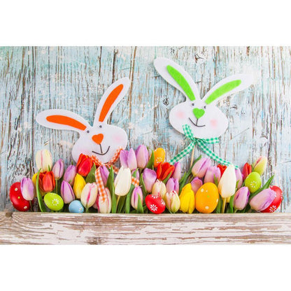 Toile de fond d'oeufs et fleurs colorés de lapin mignon de mur en bois pour la photographie de Pâques