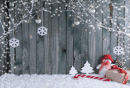 Toile de fond de Noël bonhomme de neige mur en bois gris pour flocon de neige