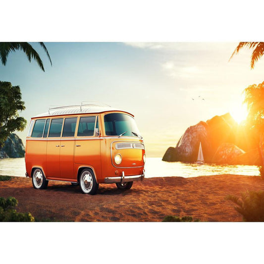 Toile de fond de voiture jaune bord de mer de plage pour la photographie